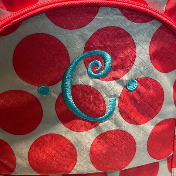 thirty-one Pink Gray Polka Dot Backpack "C" Embroidered School Dance Girls Kids - Picture 2 of 11